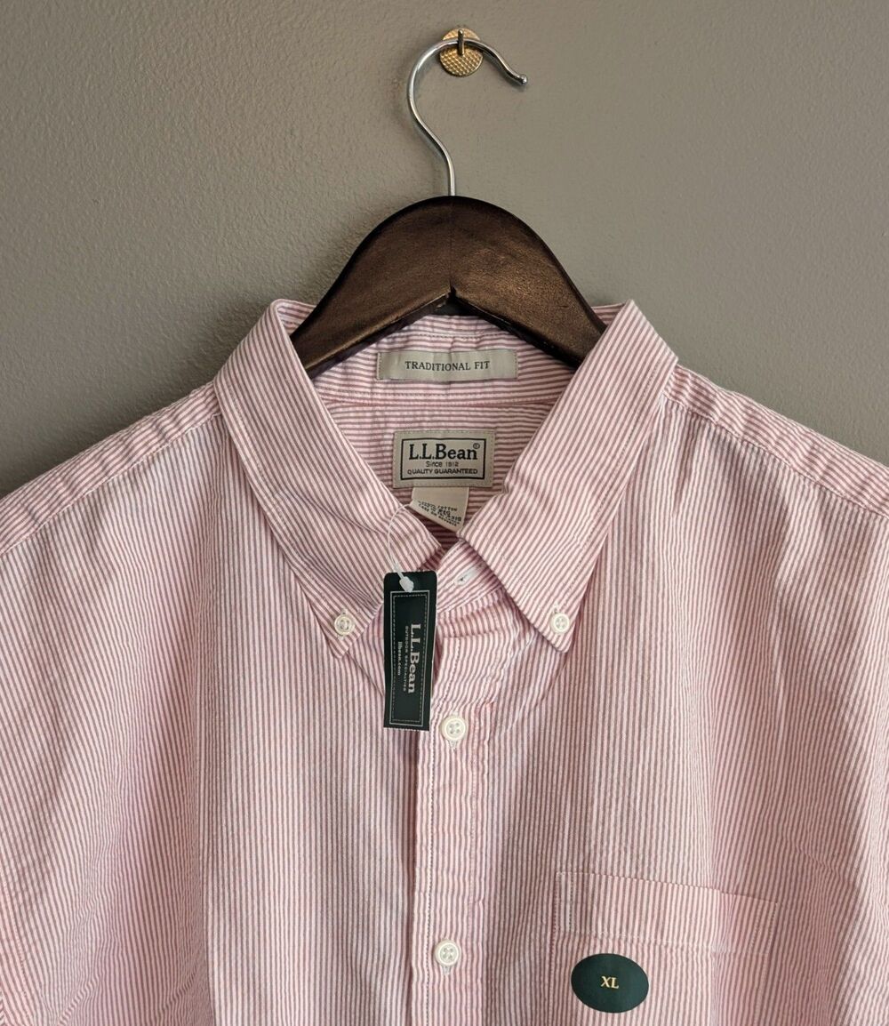 NWT LL Bean Mens XL Shirt Short Sleeve Seersucker Traditional Fit Red Summer